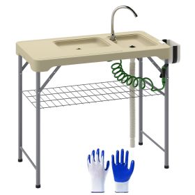 Outsunny Folding Fish Cleaning Table with Sinks, Portable Camping Sink Table with Faucet, Drainage Hose, Sprayer, Shelf, Drawer and Storage Basket (Color: Tan)